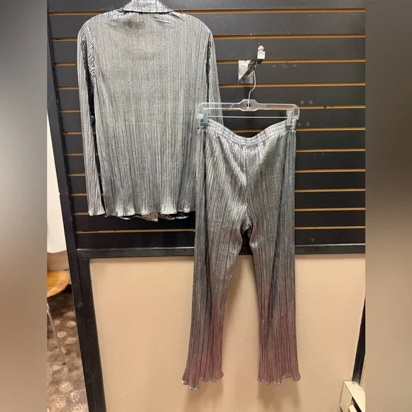 Dressed in Lala Metallic Pleated 2 Piece Set Silver Button Top & Pant Size L NWT - Picture 5 of 5